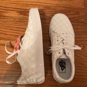 White checkered canvas Vans. Size 8.